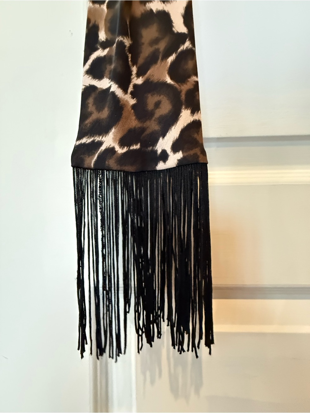 Gorgeous leopard print long silk scarf (or belt) with black fringe